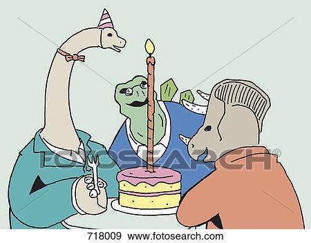 Three dinosaurs sitting at a table with a birthday cake View Large Photo Image Stock Photo - Three dinosaurs sitting at a table with a birthday cake. Fotosearch