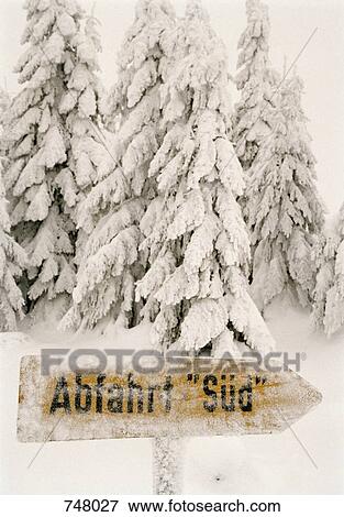 Wooden arrow sign in a snow covered forest View Large Photo Image Stock Photo - Wooden arrow sign in a snow covered forest. Fotosearch