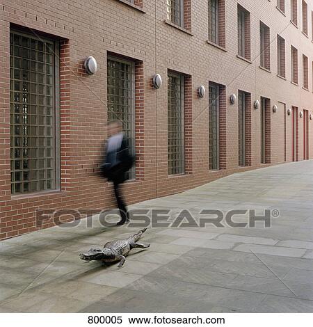 Stock Photography - A crocodile passing a man in a city laneway. Fotosearch