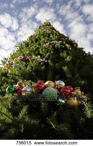 Stock Photography - A large decorated Christmas tree, outdoors. Fotosearch