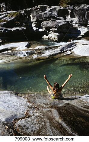 A woman sliding down rocks into a pool of water, Piedmont, Italy View Large Photo Image Stock Image - A woman sliding down rocks into a pool of water, Piedmont, Italy. Fotosearch