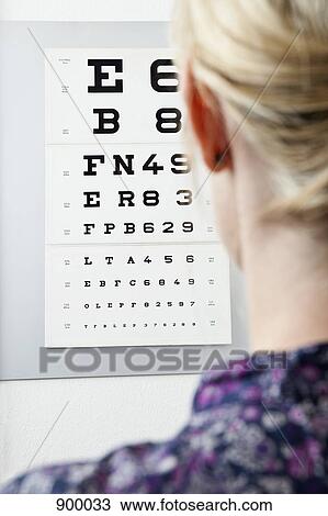 Stock Image - A woman reading an eye chart, over the shoulder view. Fotosearch