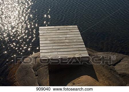 Stock Image - A wooden platform at the edge of water. Fotosearch