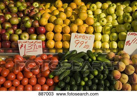 Fresh fruit and vegetables for sale at a market View Large Photo Image Stock Image - Fresh fruit and vegetables for sale at a market. Fotosearch