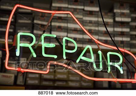 Neon shoe repair sign View Large Photo Image Stock Photo - Neon shoe repair sign. Fotosearch