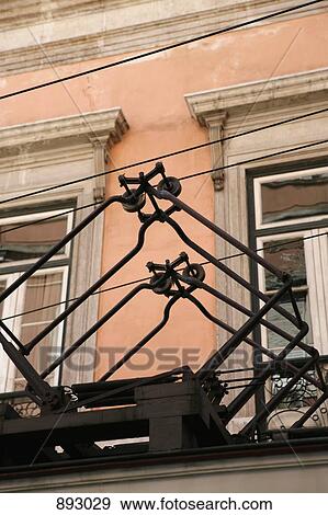 Top of street car connected to power line View Large Photo Image Stock Photo - Top of street car connected to power line. Fotosearch