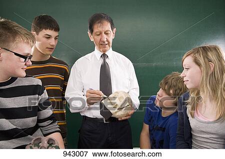 Stock Photo - A biology teacher teaching students about the human skull. Fotosearch
