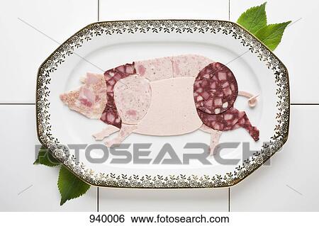Cold cut meats arranged in the shape of a pig on a platter View Large Photo Image Stock Photograph - Cold cut meats arranged in the shape of a pig on a platter. Fotosearch