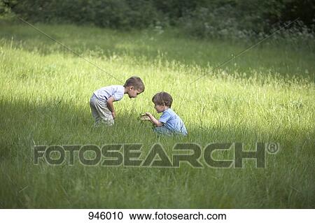 Stock Image - Two young boys in a field. Fotosearch