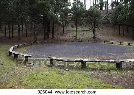 Picture - Wooden benches arranged in a circle at a park. Fotosearch