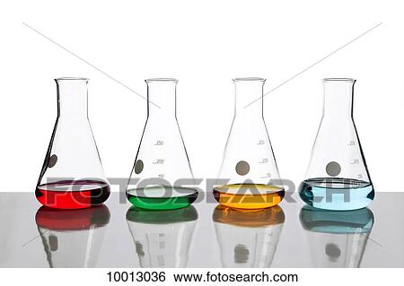 Four conical flasks holding different colored fluids View Large Photo Image Stock Photograph - Four conical flasks holding different colored fluids. Fotosearch