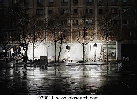 A film set on a city street at night View Large Photo Image Stock Image - A film set on a city street at night. Fotosearch