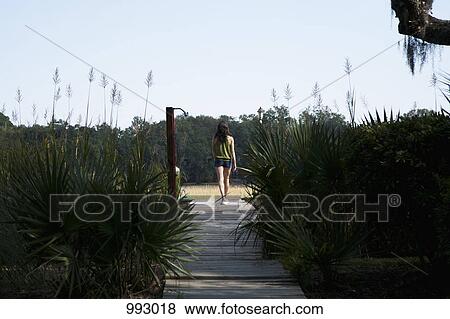 A woman walking up a wooden walkway, rear view View Large Photo Image Stock Photo - A woman walking up a wooden walkway, rear view. Fotosearch