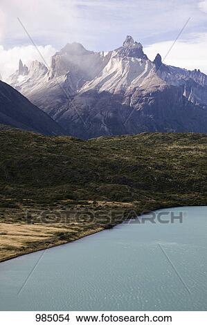 Detail of Lake Pehoe and Cuernos del Paine, Torres del Paine National Park, Chile View Large Photo Image Picture - Detail of Lake Pehoe and Cuernos del Paine, Torres del Paine National Park, Chile. Fotosearch