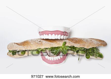 Fake teeth biting into a submarine sandwich View Large Photo Image Stock Photo - Fake teeth biting into a submarine sandwich. Fotosearch