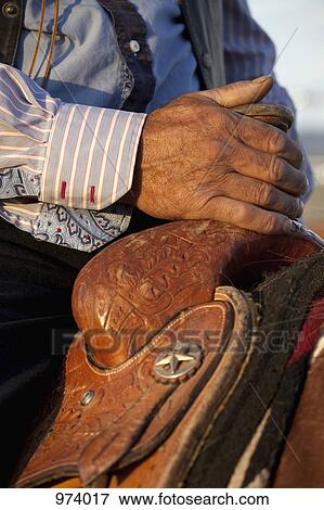 Stock Photo - Man holding onto the saddle of horse, close-up, focus on hand. Fotosearch