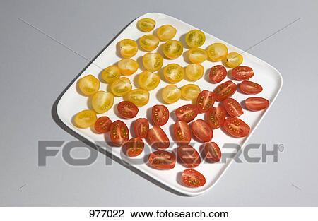 Red and yellow cherry tomato halves on a plate View Large Photo Image Stock Image - Red and yellow cherry tomato halves on a plate. Fotosearch