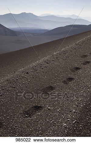 Stock Image - Trail of footprints along Lonquimay Volcano, Patagonia, Chile. Fotosearch