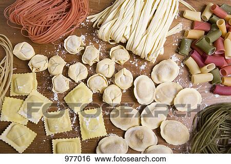 Variety of fresh pasta View Large Photo Image Stock Photograph - Variety of fresh pasta. Fotosearch