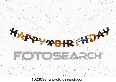 Stock Photo - A hanging banner spelling HAPPY BIRTHDAY with confetti. Fotosearch