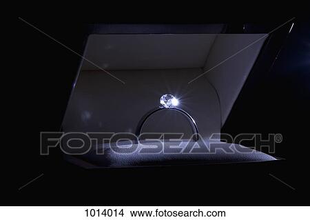 Picture - A spot lit engagement ring in a jewelry box, close-up. Fotosearch