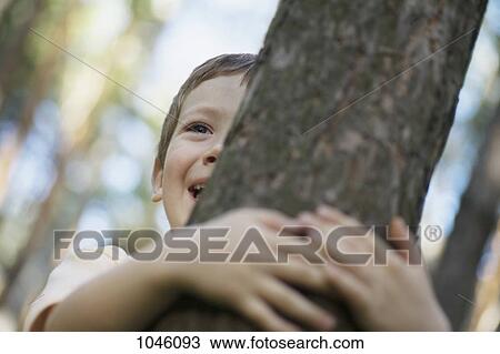 Stock Image - A young boy hugging a tree, close-up. Fotosearch
