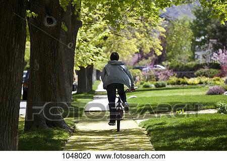 Back view of boy on footpath riding bike View Large Photo Image Stock Image - Back view of boy on footpath riding bike. Fotosearch