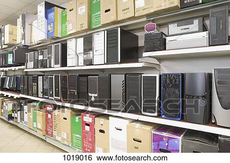 Stock Photograph - Hard drives for sale in an electronics store. Fotosearch