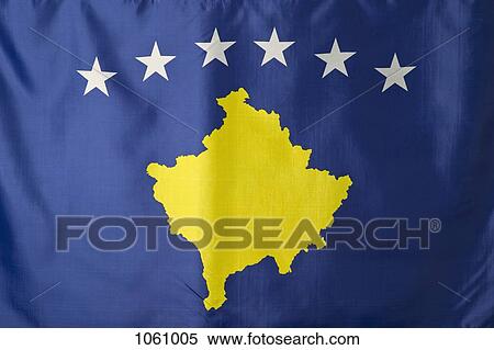 Kosovo flag, blue with a gold covered map of Kosovo under an arc of six white stars View Large Photo Image Stock Photography - Kosovo flag, blue with a gold covered map of Kosovo under an arc of six white stars. Fotosearch