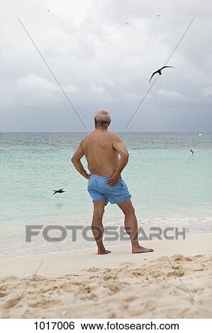 Rear view of a man standing on a beach and looking out to sea View Large Photo Image Stock Photograph - Rear view of a man standing on a beach and looking out to sea. Fotosearch