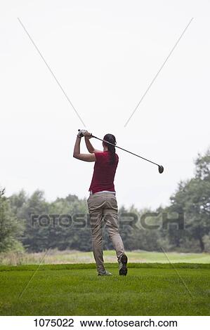 A female golfer teeing off, rear view View Large Photo Image Stock Image - A female golfer teeing off, rear view. Fotosearch