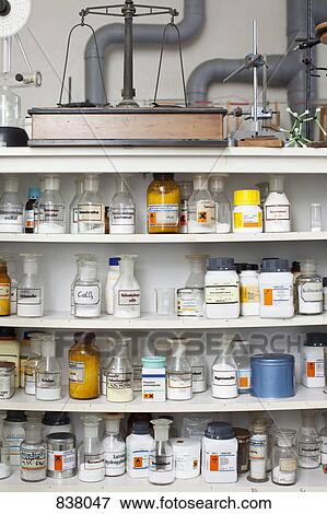 Chemistry classroom, shelves of assorted chemicals and equipment View Large Photo Image Stock Photo - Chemistry classroom, shelves of assorted chemicals and equipment. Fotosearch