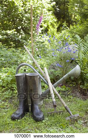 Gardening tools and a pair of rubber boots, outdoors View Large Photo Image Stock Image - Gardening tools and a pair of rubber boots, outdoors. Fotosearch