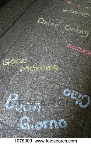 Greetings written in various languages on a sidewalk View Large Photo Image Stock Photo - Greetings written in various languages on a sidewalk. Fotosearch