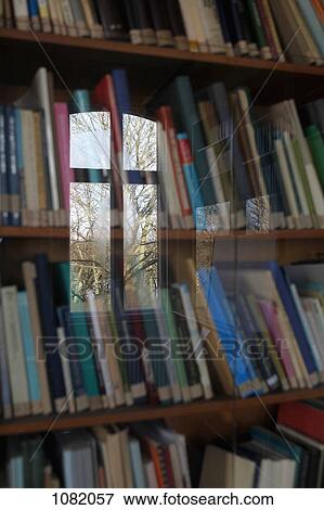 Rows of books behind glass reflecting a window View Large Photo Image Stock Photo - Rows of books behind glass reflecting a window. Fotosearch
