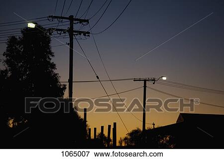 Silhouetted utility poles and roof of a building at dusk View Large Photo Image Stock Photo - Silhouetted utility poles and roof of a building at dusk. Fotosearch