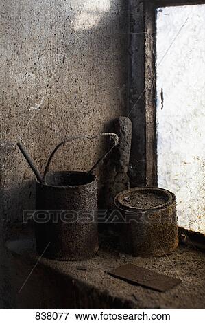Very old and dirty paint pots on a window ledge View Large Photo Image Stock Photo - Very old and dirty paint pots on a window ledge. Fotosearch