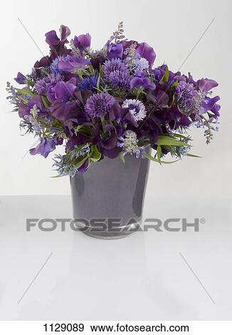A bouquet of purple flowers in a vase View Large Photo Image Stock Photo - A bouquet of purple flowers in a vase. Fotosearch