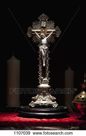 A brass crucifix on an altar View Large Photo Image Stock Photo - A brass crucifix on an altar. Fotosearch