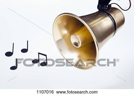 A gold loudspeaker hanging next to musical notes View Large Photo Image Stock Photograph - A gold loudspeaker hanging next to musical notes. Fotosearch