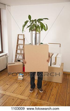 Stock Photo - A man carrying a moving box with a plant on top, obscured face. Fotosearch