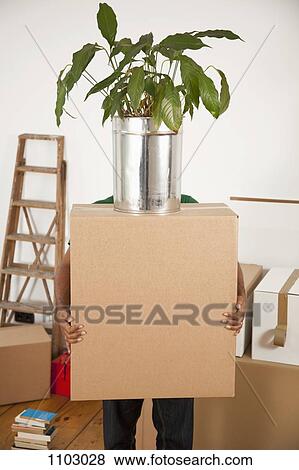Stock Photo - A man carrying a moving box with a plant on top, obscured face. Fotosearch