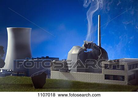 Stock Photo - A model built to scale of an explosion at a nuclear power plant . Fotosearch