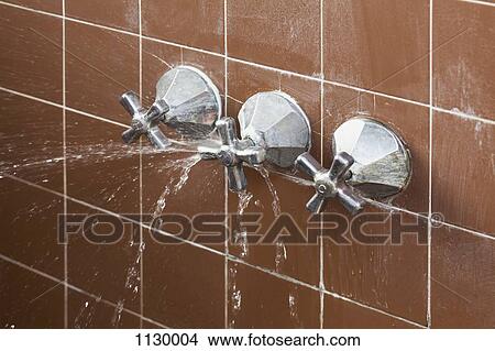 A shower faucet handle spraying leaking water View Large Photo Image Picture - A shower faucet handle spraying leaking water. Fotosearch