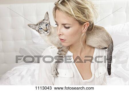 A Siamese cat wrapped around his owners shoulders View Large Photo Image Stock Image - A Siamese cat wrapped around his owners shoulders. Fotosearch