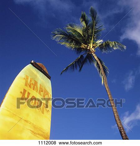 A surfboard with Happy Hour on it and a palm tree View Large Photo Image Stock Photo - A surfboard with Happy Hour on it and a palm tree. Fotosearch