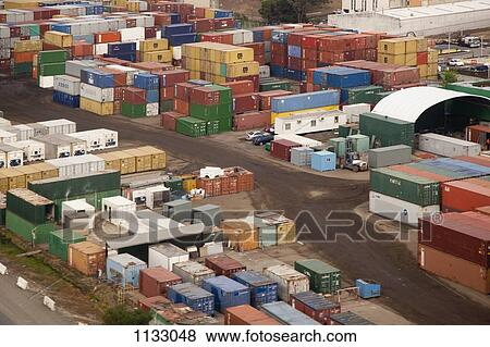 Cargo containers in a freight yard, high angle view View Large Photo Image Stock Photo - Cargo containers in a freight yard, high angle view. Fotosearch