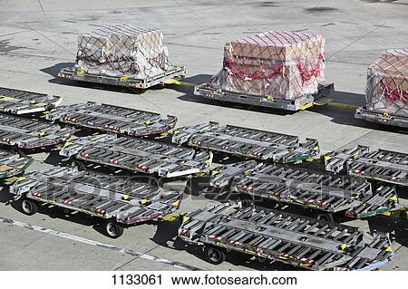 Empty baggage trailers and cargo on an airport tarmac View Large Photo Image Stock Image - Empty baggage trailers and cargo on an airport tarmac. Fotosearch