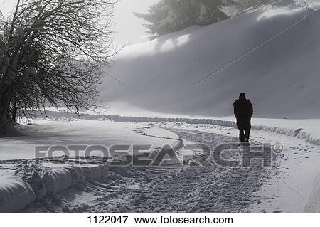 Lone man walking along snow laden path View Large Photo Image Stock Photo - Lone man walking along snow laden path. Fotosearch