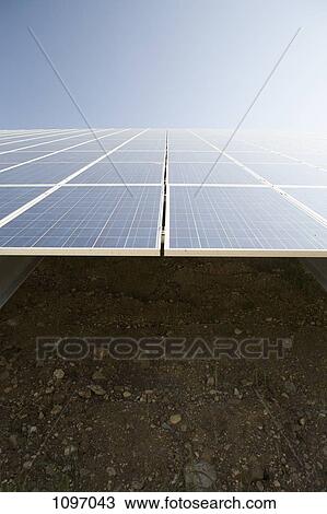 Low angle view of solar panels in a field View Large Photo Image Stock Image - Low angle view of solar panels in a field. Fotosearch